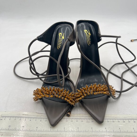 Zszszsu Grey Open Toe Sandals High Heels Ankle Strap Self-tie Elegant Dress Shoe - Picture 3 of 8